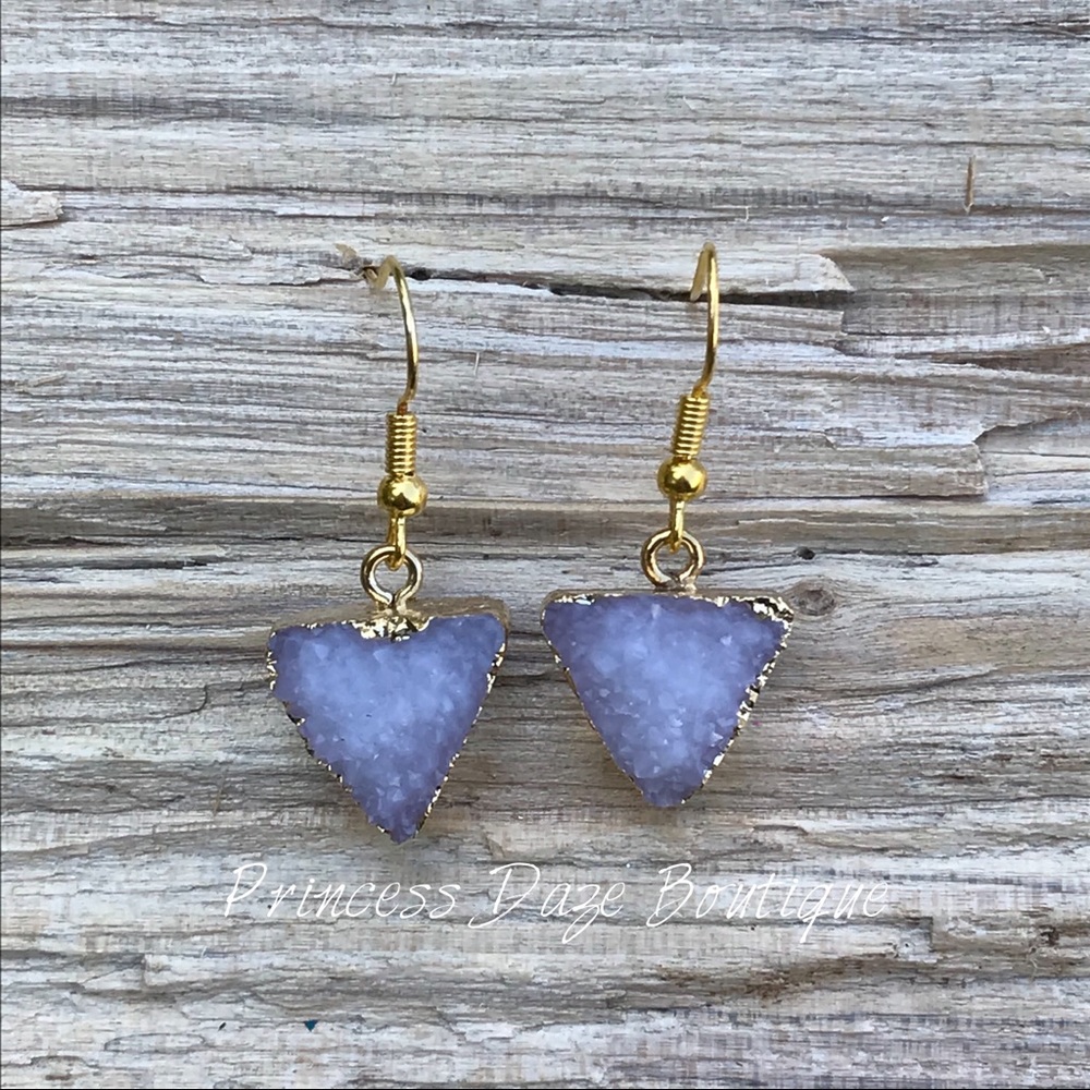 Gold White Triangle Druzy Stone‎ Dangle Earrings